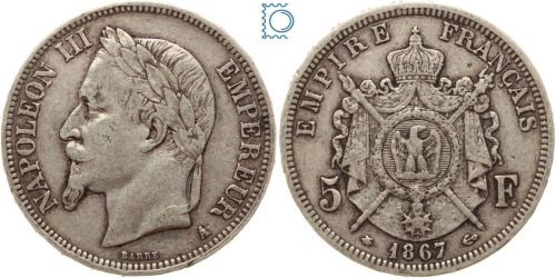 Frankreich 5 Francs 1867 A Paris - Napoleon III. 1861-1870
