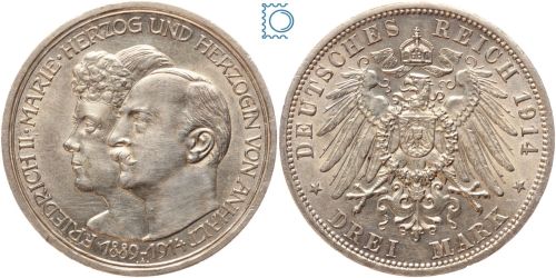 Anhalt, Friedrich II., 3 Mark 1914, Silberhochzeit des Herzogspaares, J.25