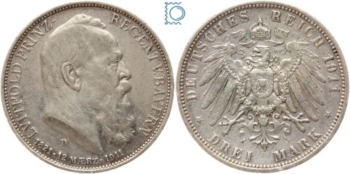 BAYERN, 3 Mark, Prinzregent Luitpold, 1911 D, J.49
