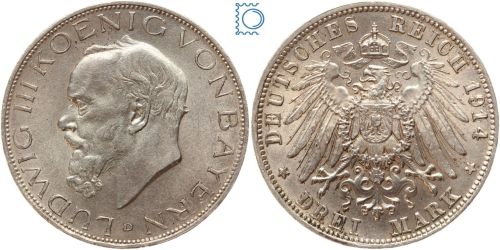 BAYERN, 3 Mark, König Ludwig III., 1914 D, Jg. 52