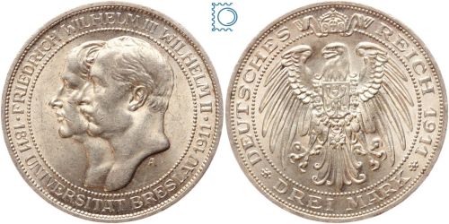 PREUSSEN, 3 Mark 1911 A, Wilhelm II., Universität Breslau - J108 vz