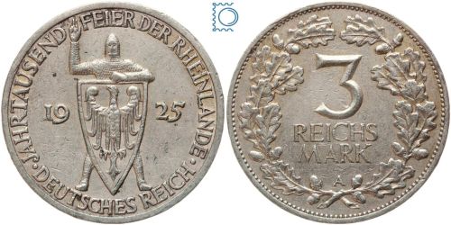 Weimar, 3 Reichsmark 1925 A | Jahrtausendfeier der Rheinlande | Jg. 321, Silber
