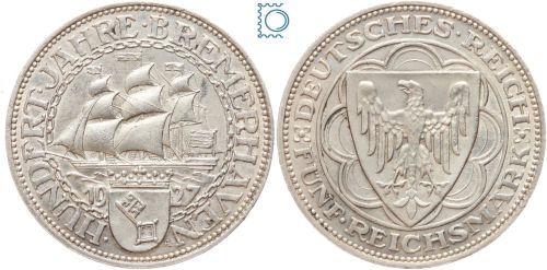 Weimar 5 Mark 1927 A, Bremerhaven, J.326, Silber