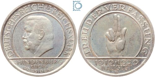 Weimar 5 Mark 1929 D, Schwurhand Hindenburg, J.341, Silber