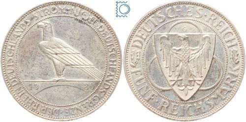 Weimar 5 Mark 1930 G, Rheinlandräumung, J.346, Silber, Patina!
