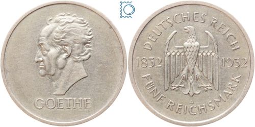 Weimar 5 Mark 1932 A, Johann Wolfgang von Goethe 100. Todestag, J.351, Silber