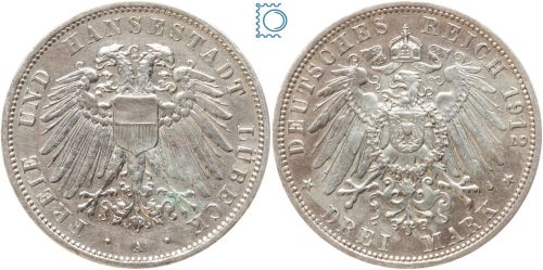 LÜBECK, 3 Mark 1912 A, Jg. 82, Silber