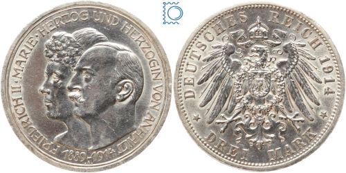 Anhalt, Friedrich II., 3 Mark 1914, Silberhochzeit des Herzogspaares, J.25