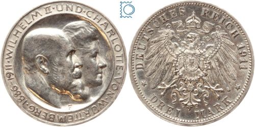 WÜRTTEMBERG, 3 Mark 1911 F, König Wilhelm II. & Charlotte, J.177