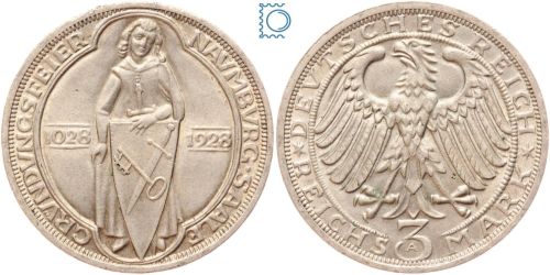 Weimar 3 Mark 1928 A, 900 Jahre Naumburg an der Saale, J.333, Silber