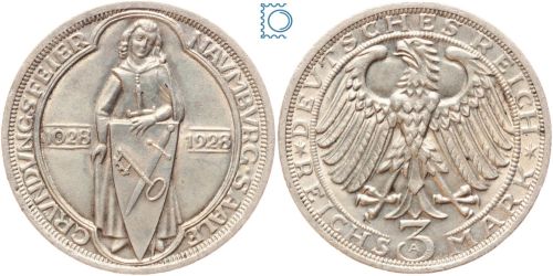 Weimar 3 Mark 1928 A, 900 Jahre Naumburg an der Saale, J.333, Silber