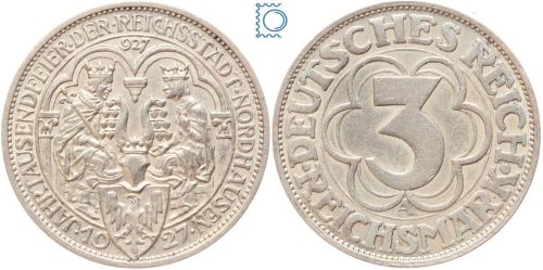 Weimar 3 Mark 1927 A, Jahrtausendfeier Nordhausen, J.327, Silber