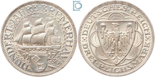 Weimar 3 Mark 1927 A, Bremerhaven, J.325, Silber