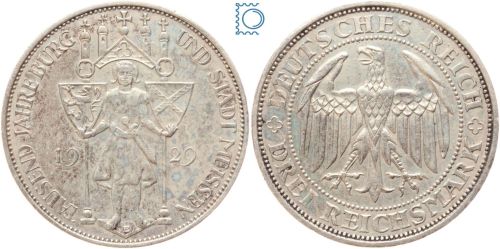 Weimar 3 Mark 1929 E, 100 Jahre Burg und Stadt Meissen, J.338, Silber