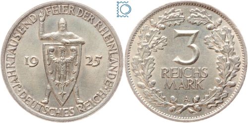 Weimar, 3 Reichsmark 1925 A | Jahrtausendfeier der Rheinlande | Jg. 321, Silber