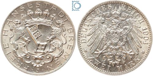 Hansestadt Bremen, 2 Mark 1904 J, Kursmünze, J.59, Silber