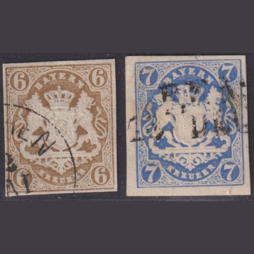 Bayern 1868 - MiNr. 20 + 21 gestempelt - 6 + 7 Kr. ultramarin