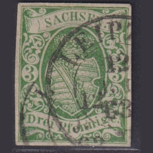 Sachsen 1863 - MiNr. 2 II gestempelt, geprüft Rismondo BPP - 3 Pfennig grün