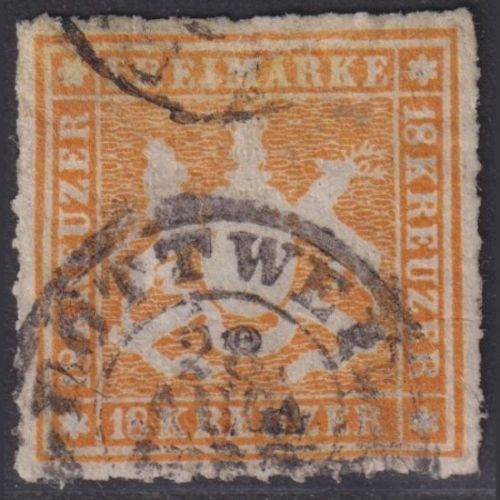Altdeutschland Württemberg 1865 - MiNr. 34 gestempelt, geprüft Thoma BPP - 18 Kr. orangegelb