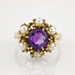 Goldring mit Amethyst und Perlen-Rosette um 1900 | 585 / 5,2g / Gr. 52