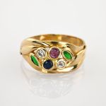 Goldring mit Spinellen und grünen Glassteinen | 585 / 2,7g / Gr. 58
