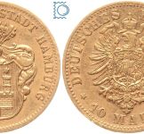 Kaiserreich, 10 Mark Hamburg 1874 B, Stadtwappen, J.206