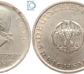 Weimar 5 Mark 1929 A, Gotthold Ephraim Lessing, J.336, Silber