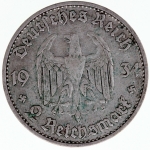 2 RM Reichsmark 1934 D, Garnisonkirche mit Datum, J.366, Silber