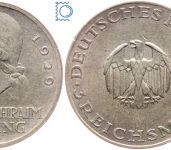 Weimar 3 Mark 1929 A, Gotthold Ephraim Lessing, J.335, Silber