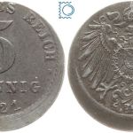 Kaiserreich, 5 Pfennig 1921 A, 10% dezentrierte Fehlprägung, vz+