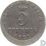 Kaiserreich, 5 Pfennig 1921 A, 10% dezentrierte Fehlprägung, vz+