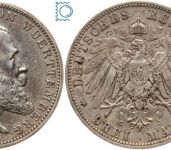 WÜRTTEMBERG, 3 Mark 1909 F, König Wilhelm II., Silber, J.175