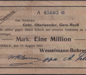 NOTGELD Gera-Reuß 1 Millionen Mark 15.08.1923 - Bankhaus Thüringen