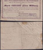 NOTGELD Rauenstein 1 Millionen Mark 18.08.1923 - Porzellanfabrik Thüringen
