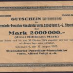 NOTGELD Sitzendorf 2 Millionen Mark 31.08.1923 - Porzellan-Manufaktur Thüringen