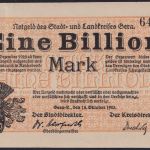 NOTGELD Gera 1 Billionen Mark 15.10.1923 - Stadt- und Landkreis Thüringen