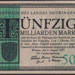 NOTGELD Weimar 50 Milliarden Mark 09.08.1923 - Landesregierung Thüringen