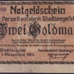 NOTGELD Stadtlengsfeld 2 Goldmark 01.11.1923 - Porzellanfabrik Thüringen