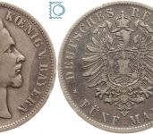 BAYERN, 5 Mark 1875 D, König Ludwig II., J.42, Silber