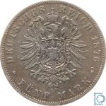 HAMBURG, 5 Mark 1876 J, Stadtwappen, Jäger 62, Silbermünze