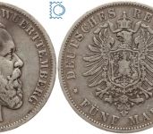 WÜRTTEMBERG, 5 Mark, König Karl, 1876 F, J.173