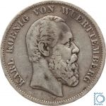 WÜRTTEMBERG, 5 Mark, König Karl, 1876 F, J.173