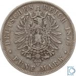 WÜRTTEMBERG, 5 Mark, König Karl, 1876 F, J.173
