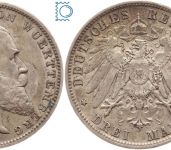 WÜRTTEMBERG, 3 Mark 1910 F, König Wilhelm II., Silber, J.175