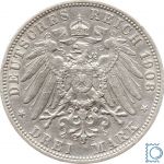 WÜRTTEMBERG, 3 Mark 1908 F, König Wilhelm II., Silber, J.175