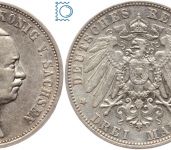 SACHSEN, 3 Mark 1909 E, König Friedrich August, Jg. 135, Patina