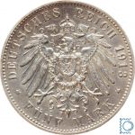 WÜRTTEMBERG, 5 Mark 1913 F, König Karl, J.176