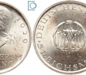 Weimar 5 Mark 1929 A, Gotthold Ephraim Lessing, J.336, Silber