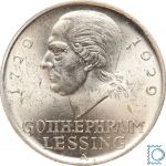 Weimar 5 Mark 1929 A, Gotthold Ephraim Lessing, J.336, Silber