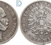 PREUSSEN, 5 Mark 1875 A, Wilhelm I., Jg. 97, Kursmünze